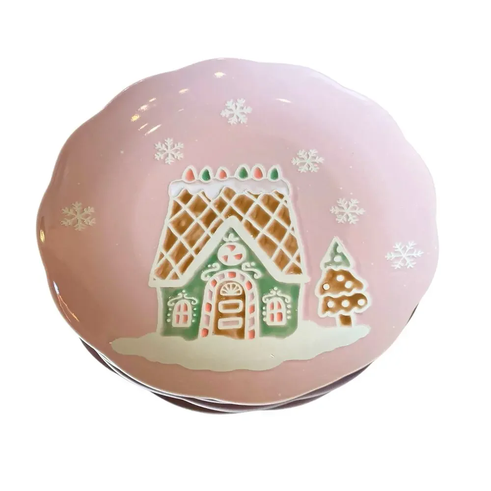 4pc Eli + Ana PINK GINGERBREAD HOUSE Dinner Plates 10.5in Ceramic Pinkmas NEW